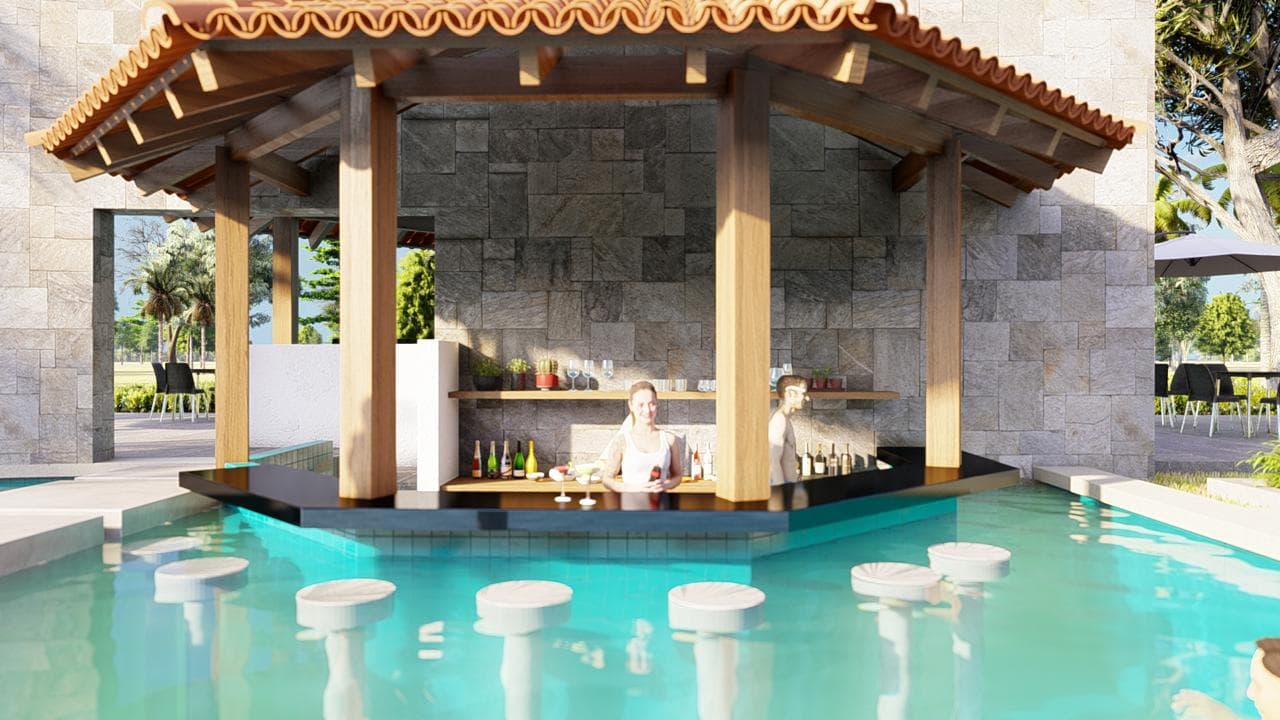 Render del bar dentro de la piscina, con banquetas sumergidas y barra de madera bajo un techo de teja.
