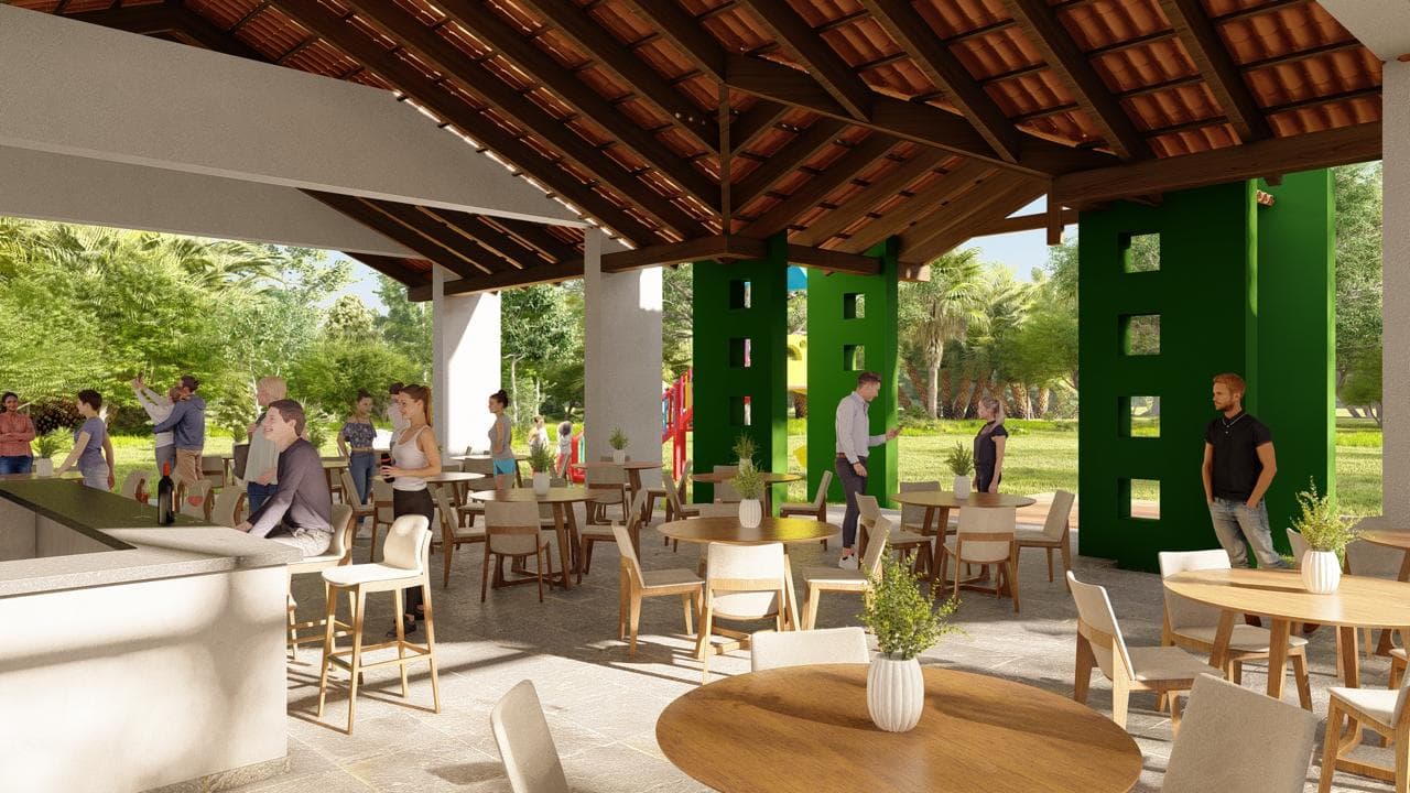 Render del interior del salón del club house: barra, mesas para las familias y vista abierta al parque.