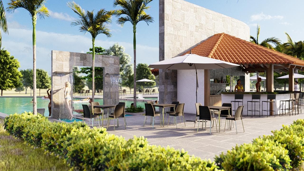 Render del bar de la piscina y su muro de agua, con mesas a la sombra y la barra con banquetas altas.