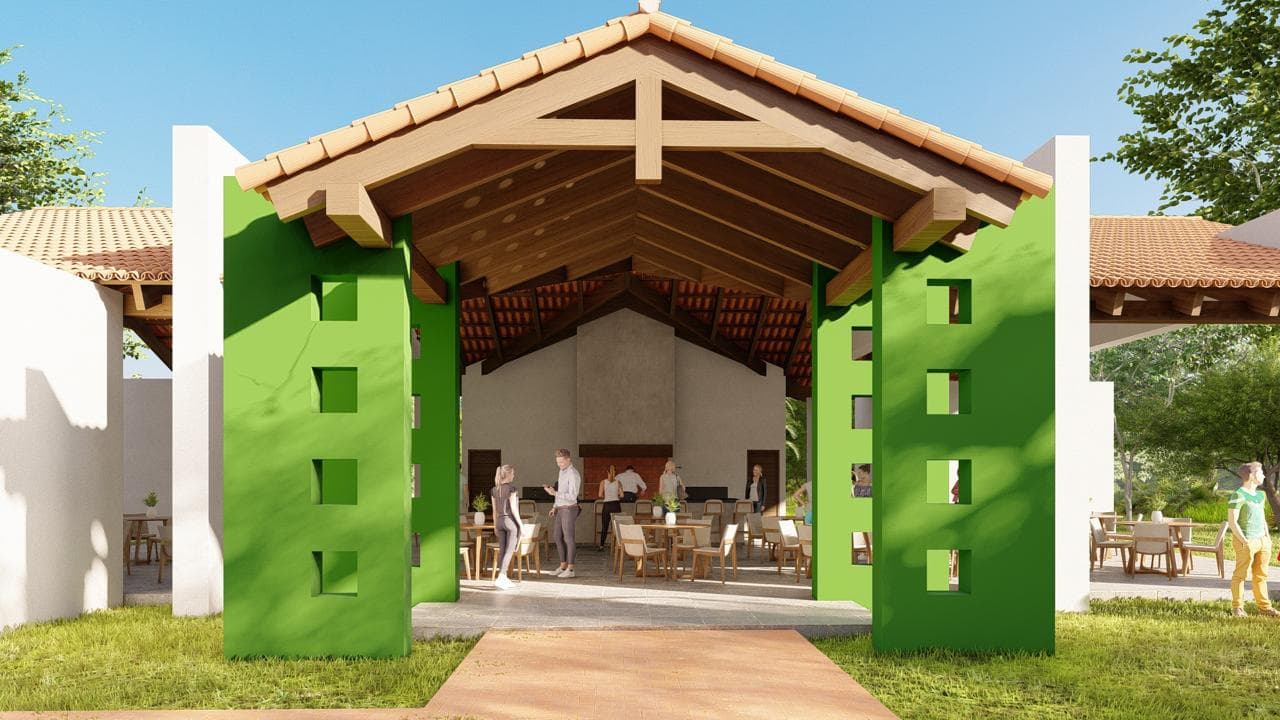 Render del ingreso al club house entre las columnas verdes, con el salón techado y la churrasquería al fondo.