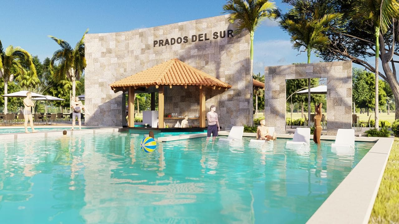 Render de la piscina vista desde el agua: el bar techado sobre la piscina, reposeras dentro del agua y el muro de piedra con el nombre Prados del Sur.