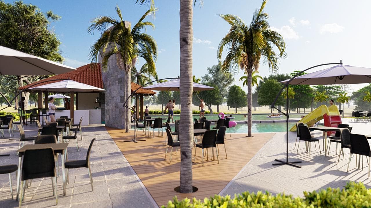 Render de la terraza junto a la piscina: mesas con sombrillas, deck de madera, palmeras y el tobogán al fondo.