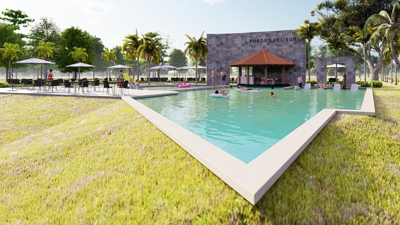 Render de la piscina completa vista desde el césped, con la terraza de mesas y sombrillas a un costado.