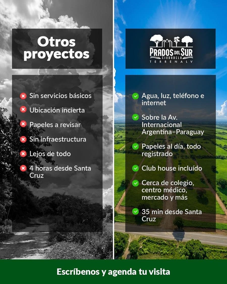 Prados del Sur frente a otros proyectos: servicios básicos, sobre la avenida internacional, papeles al día y club house incluido.