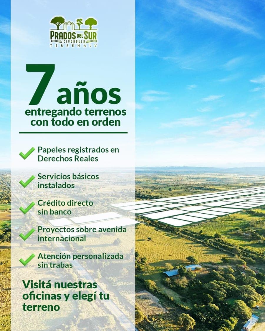 7 años entregando terrenos con todo en orden: papeles registrados en Derechos Reales, servicios básicos instalados y crédito directo sin banco.